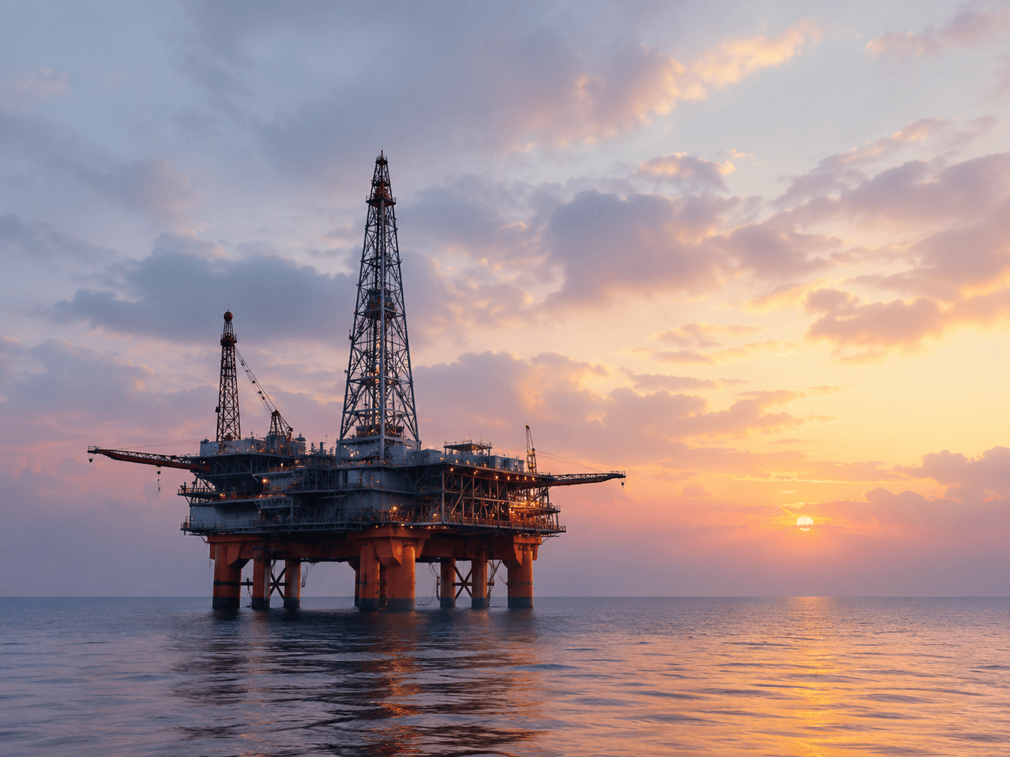 Offshore oil and gas platform at sunset